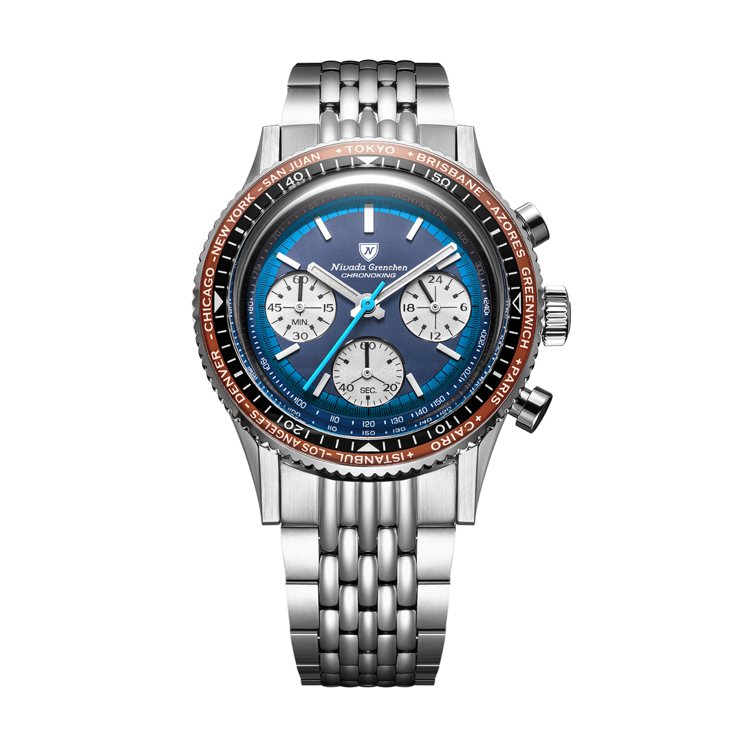 Nivada Grenchen Chronoking Racing Blue Lagoon 38mm 87054Q04 - Edelstahlarmband Beads of Rice