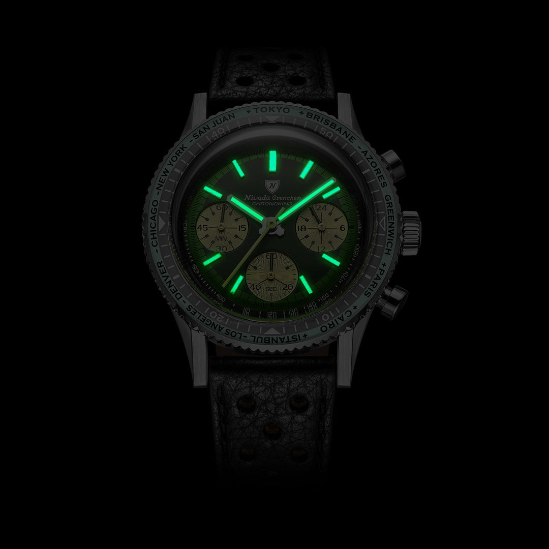 Nivada Grenchen Chronoking Racing Green 38mm 87057Q - Leuchtmasse im Dunkeln