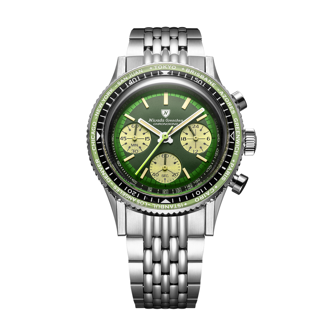 Nivada Grenchen Chronoking Racing Green 38mm 87057Q04 - Edelstahlarmband Beads of Rice