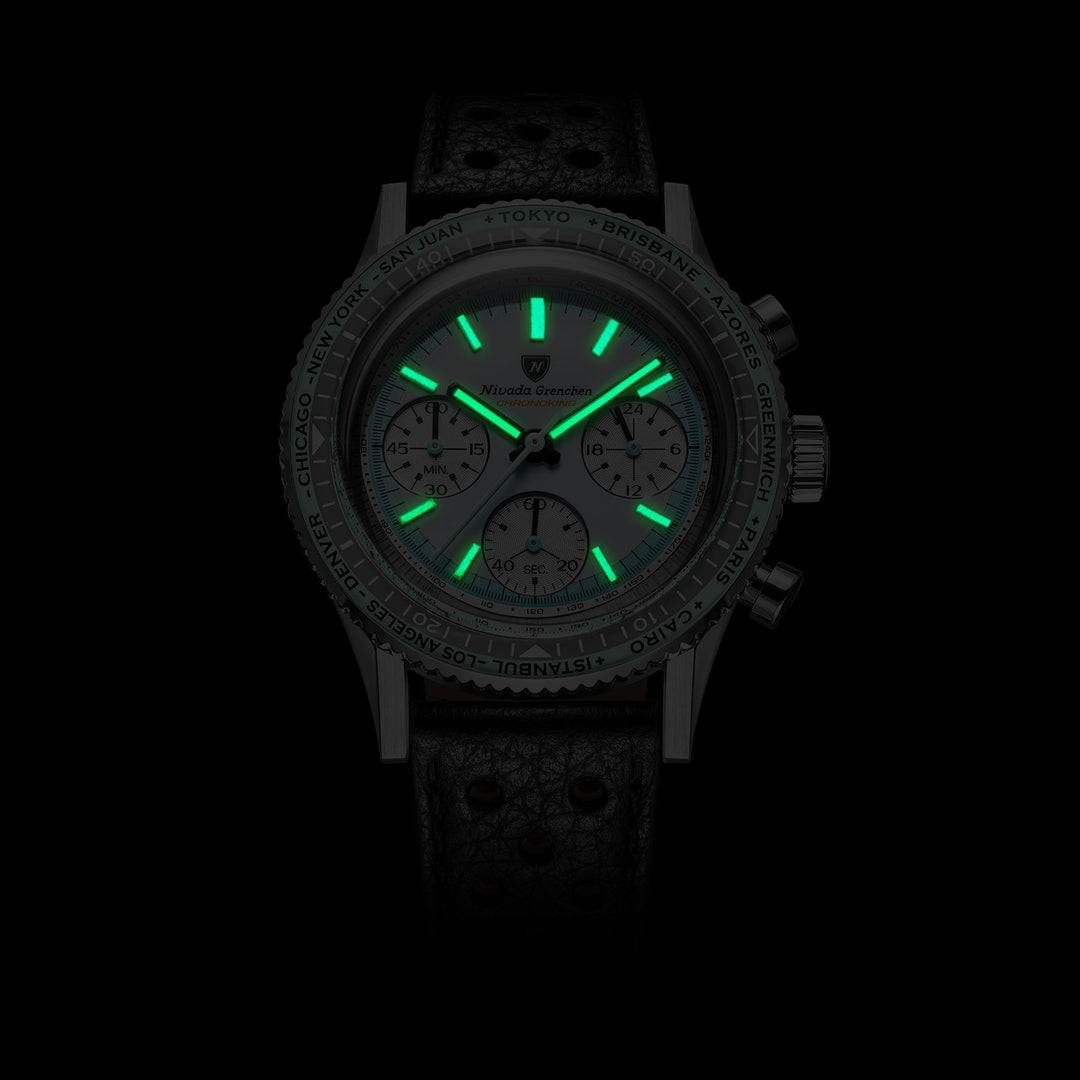Nivada Grenchen Chronoking Racing Grey 38mm 87056Q - Leuchtmasse im Dunkeln