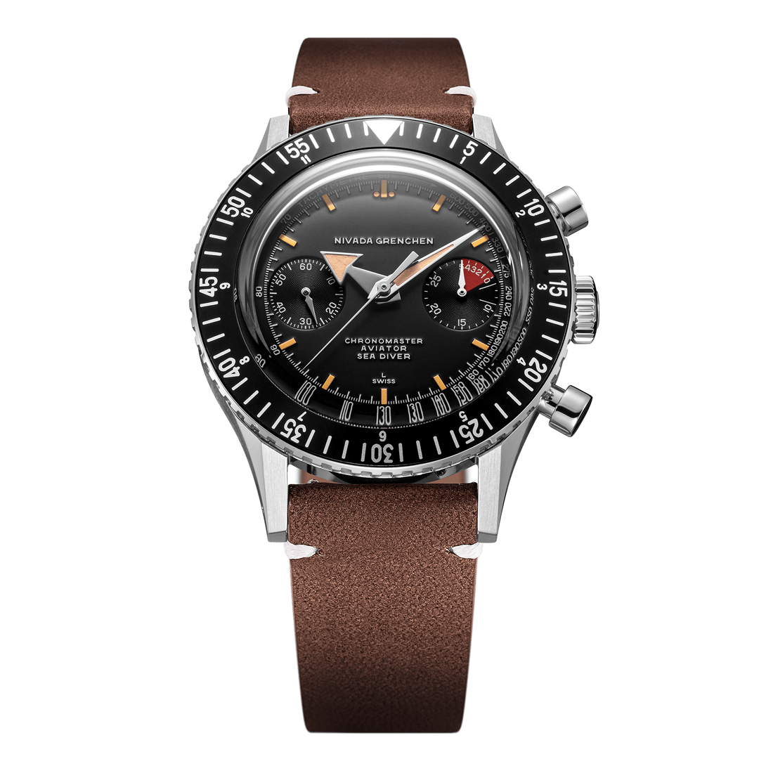 Nivada Grenchen Chronomaster Broad Arrow 41mm 85041M14 - Lederarmband Braun weiße Naht