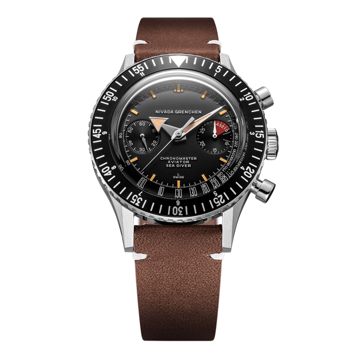 Nivada Grenchen Chronomaster Broad Arrow 41mm 85041M14 - Lederarmband Braun weiße Naht
