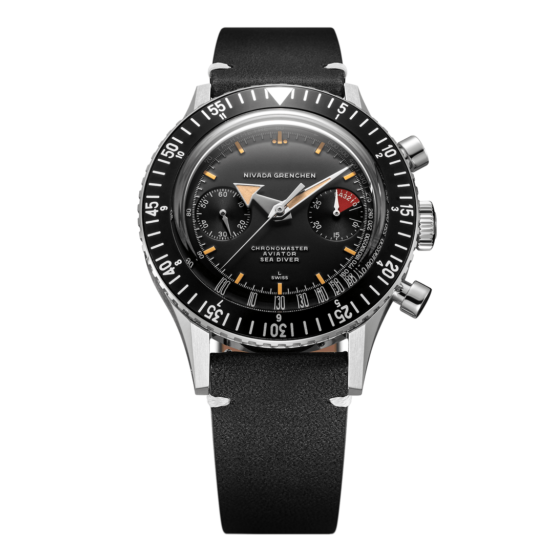 Nivada Grenchen Chronomaster Broad Arrow 41mm 85041M15 - Lederarmband Schwarz weiße Naht