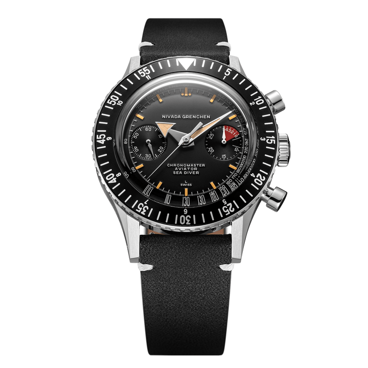 Nivada Grenchen Chronomaster Broad Arrow 41mm 85041M15 - Lederarmband Schwarz weiße Naht
