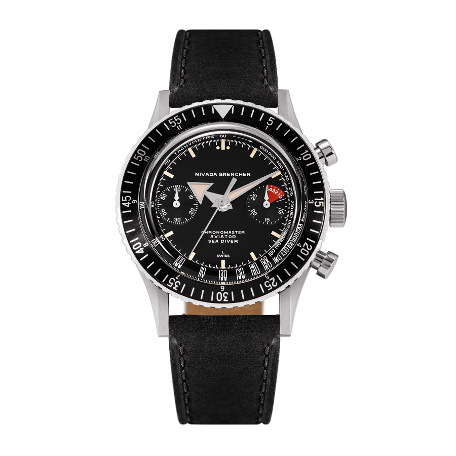 Nivada Grenchen Chronomaster Broad Arrow Inter.Bezel Manual 38mm 86007M03LC - Lederarmband Schwarz