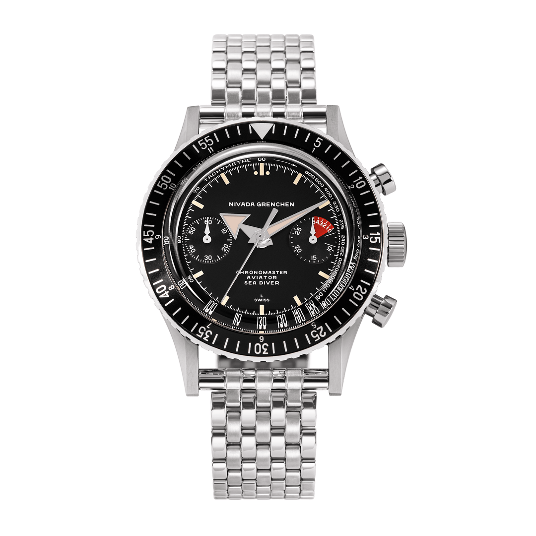 Nivada Grenchen Chronomaster Broad Arrow Inter.Bezel Manual 38mm 86007M12LC - Edelstahlarmband Forstner Beads of Rice