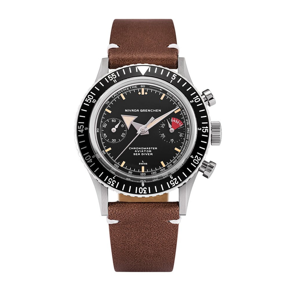 Nivada Grenchen Chronomaster Broad Arrow Interchangeable Bezel 38mm 86056M14LC - Lederarmband Braun weiße Naht
