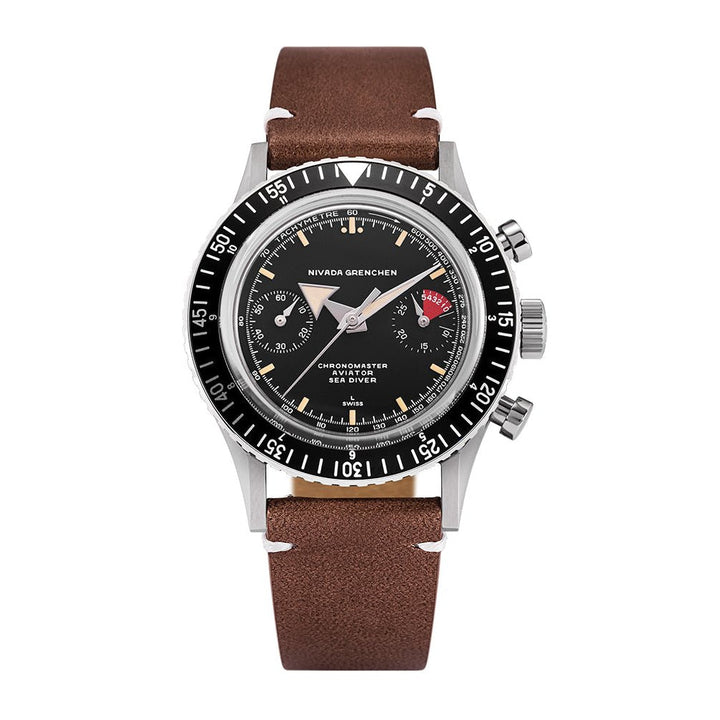 Nivada Grenchen Chronomaster Broad Arrow Interchangeable Bezel 38mm 86056M14LC - Lederarmband Braun weiße Naht