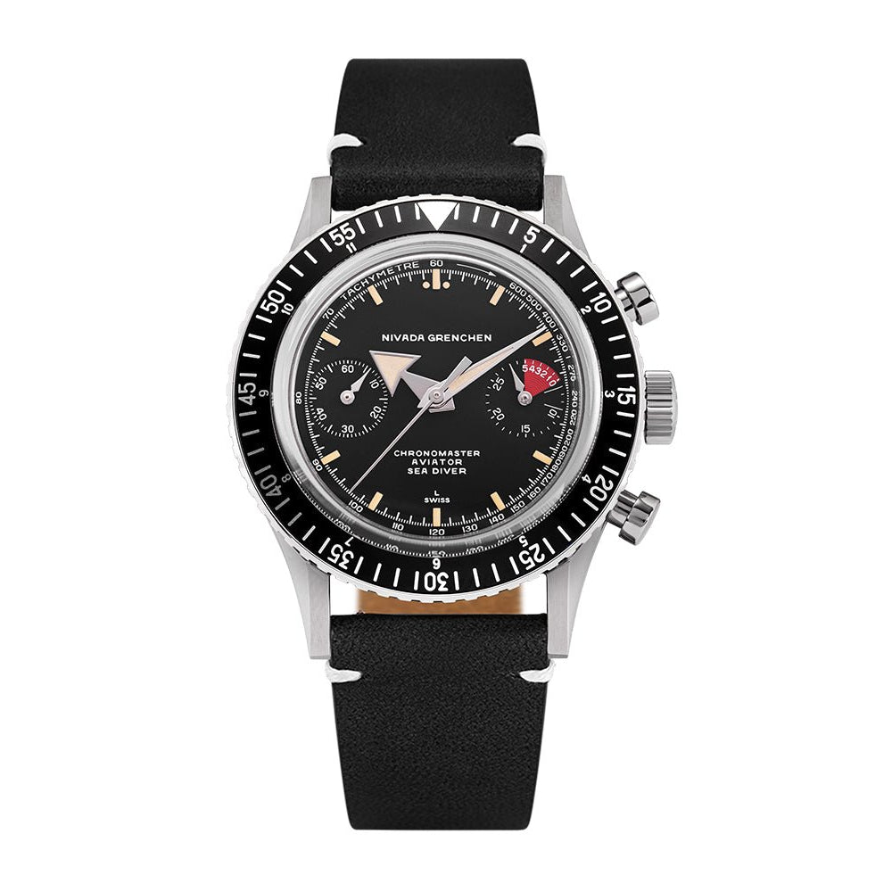 Nivada Grenchen Chronomaster Broad Arrow Interchangeable Bezel 38mm 86056M15LC - Lederarmband Schwarz weiße Naht