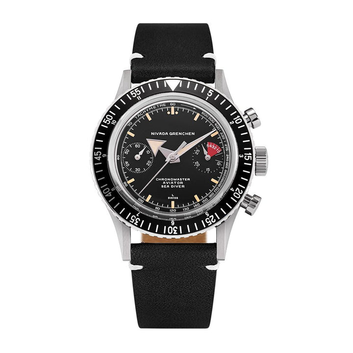 Nivada Grenchen Chronomaster Broad Arrow Interchangeable Bezel 38mm 86056M15LC - Lederarmband Schwarz weiße Naht