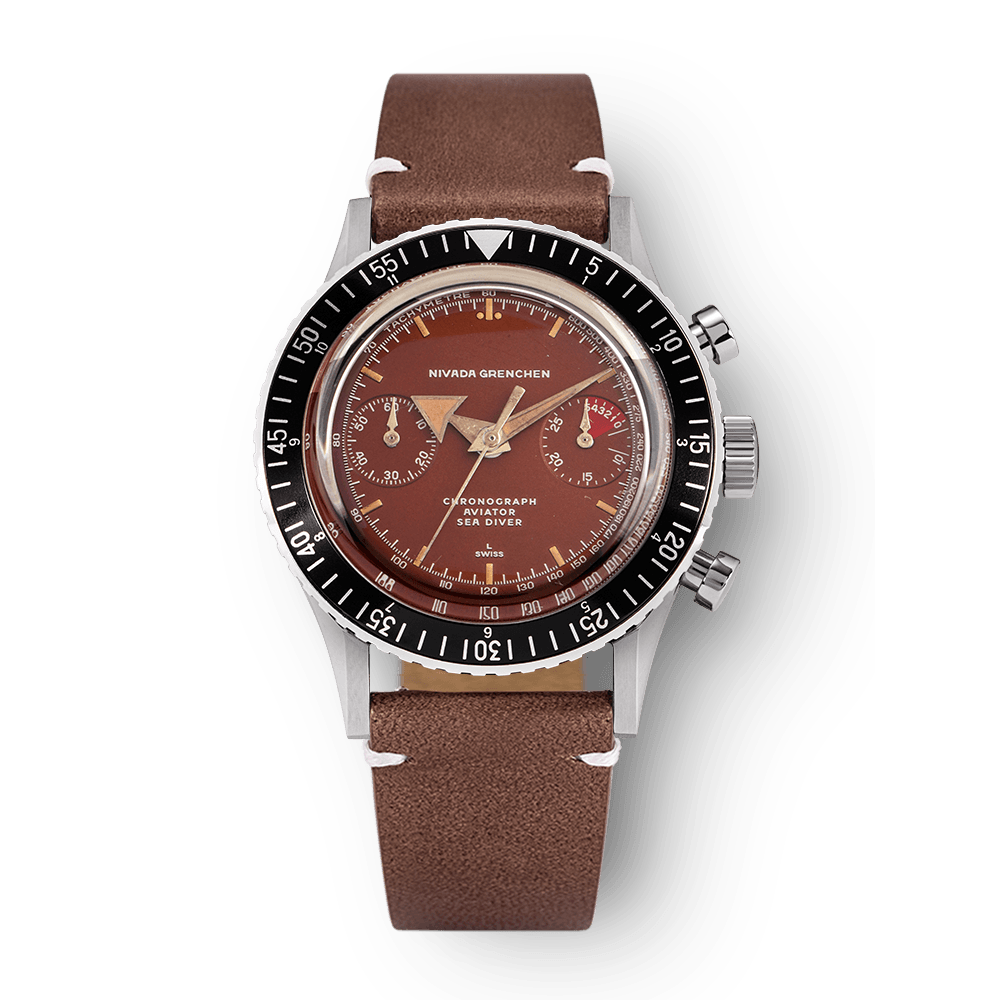 Nivada Grenchen Chronomaster Broad Arrow Tropical Dial Inter.Bezel Manual 38mm 85007M14LC - Lederarmband Braun