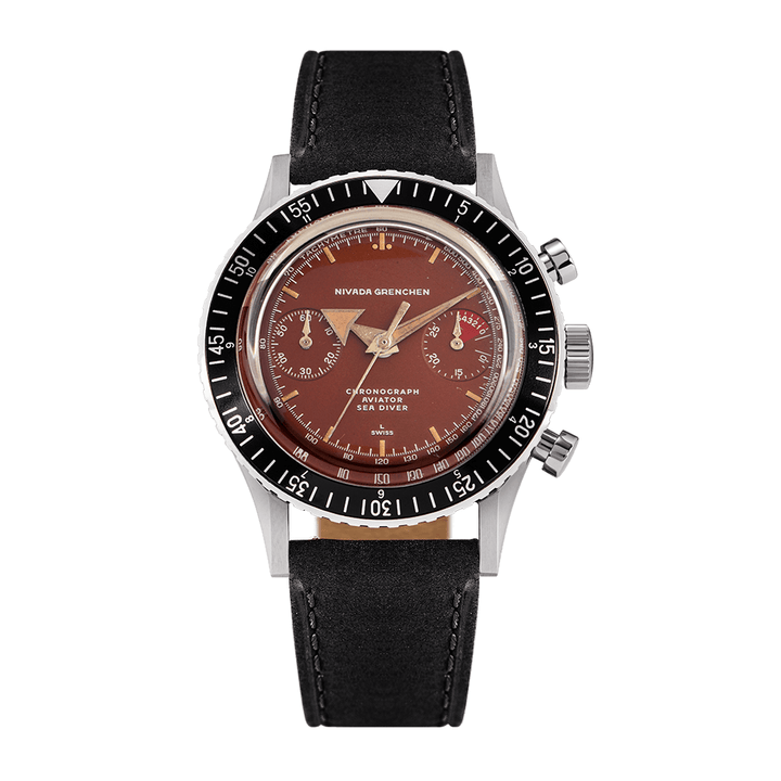 Nivada Grenchen Chronomaster Broad Arrow Tropical Dial Inter.Bezel Manual 38mm 85007M17LC - Lederarmband Schwarz