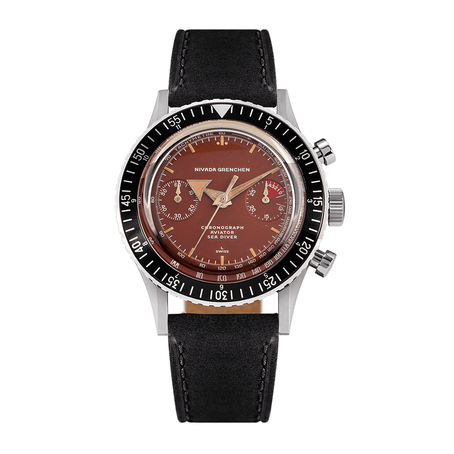 Nivada Grenchen Chronomaster Broad Arrow Tropical Dial Inter.Bezel Manual 38mm 85007M17LC - Lederarmband Schwarz