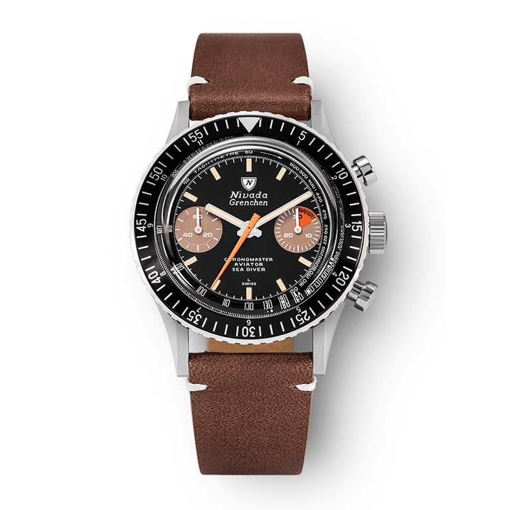 Nivada Grenchen Chronomaster Orange Boy Inter.Bezel Manual 38mm 86012M02LC - Lederarmband Braun weiße Naht
