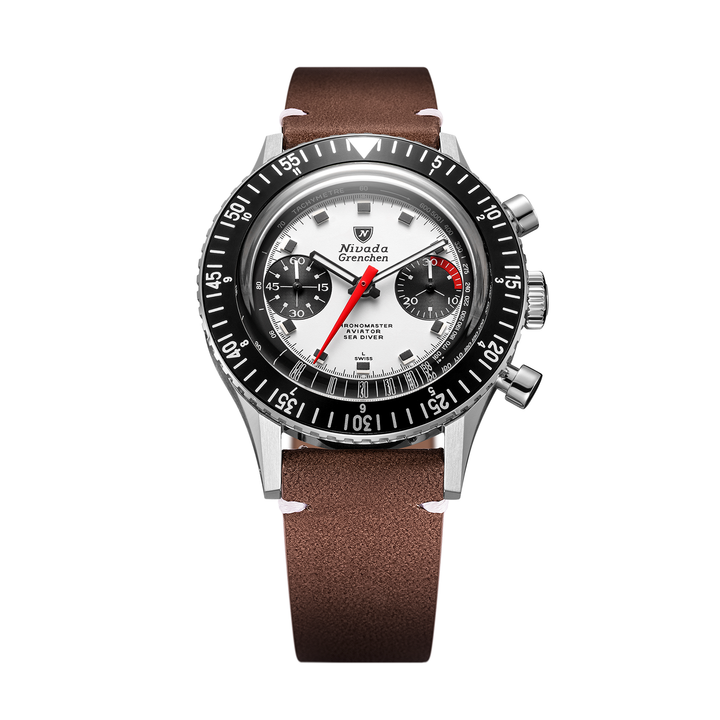 Nivada Grenchen Chronomaster Panda 38mm 86054M14LC - Lederarmband Braun weiße Naht