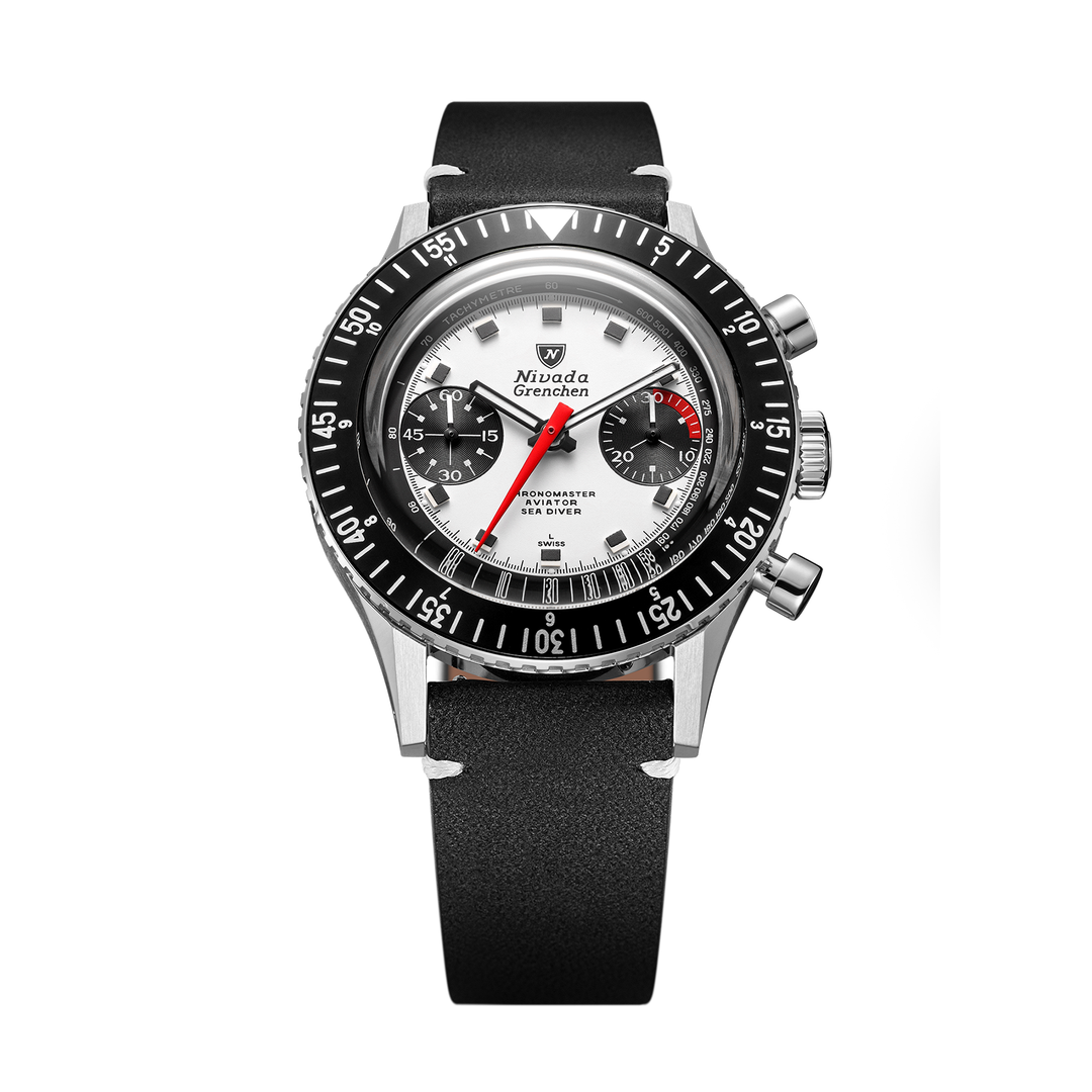 Nivada Grenchen Chronomaster Panda 38mm 86054M15LC - Lederarmband Schwarz weiße Naht