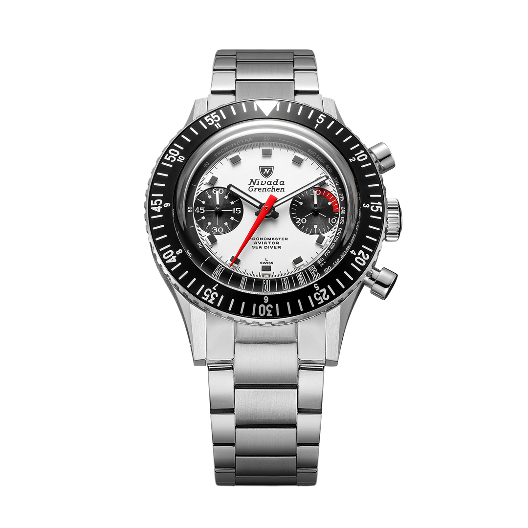 Nivada Grenchen Chronomaster Panda 38mm 86054M20LC - Edelstahlarmband Flat Link