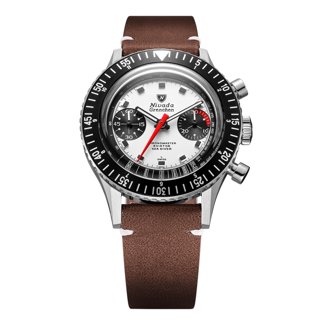 Nivada Grenchen Chronomaster Panda 41mm 85241M14 - Lederarmband Braun weiße Naht
