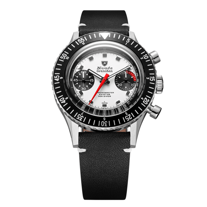 Nivada Grenchen Chronomaster Panda 41mm 85241M15 - Lederarmband Schwarz weiße Naht