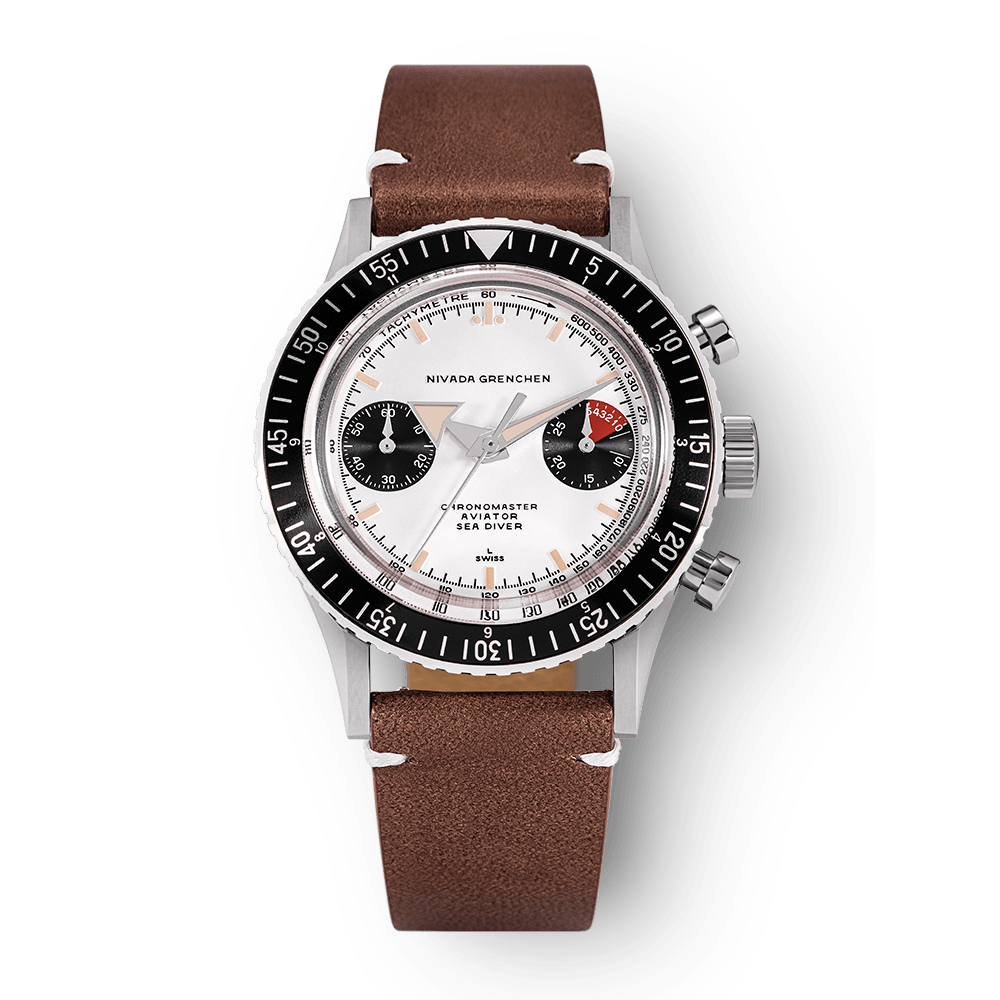 Nivada Grenchen Chronomaster Panda Inter.Bezel Manual 38mm 86010M02LC - Lederarmband Braun weiße Naht