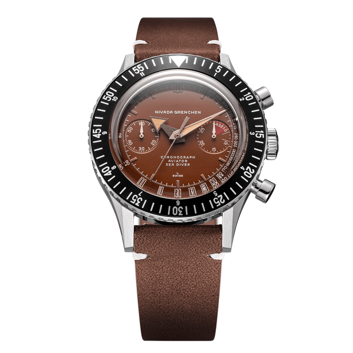 Nivada Grenchen Chronomaster Tropical 41mm 85141M14 - Lederarmband Braun weiße Naht