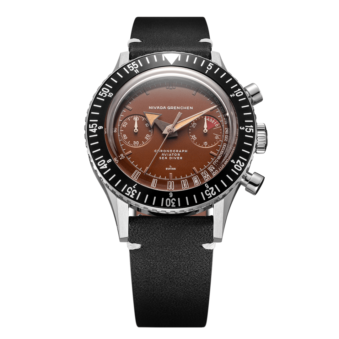 Nivada Grenchen Chronomaster Tropical 41mm 85141M15 - Lederarmband Schwarz weiße Naht