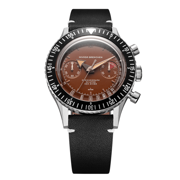 Nivada Grenchen Chronomaster Tropical 41mm 85141M15 - Lederarmband Schwarz weiße Naht