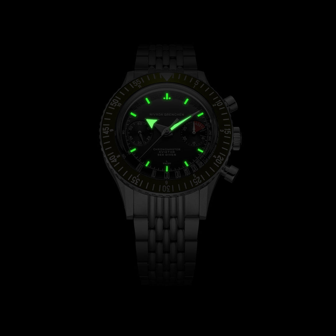 Nivada Grenchen Chronomaster White Broad Arrow Inter.Bezel Manual 38mm 86007WM - Leuchtmasse im Dunkeln