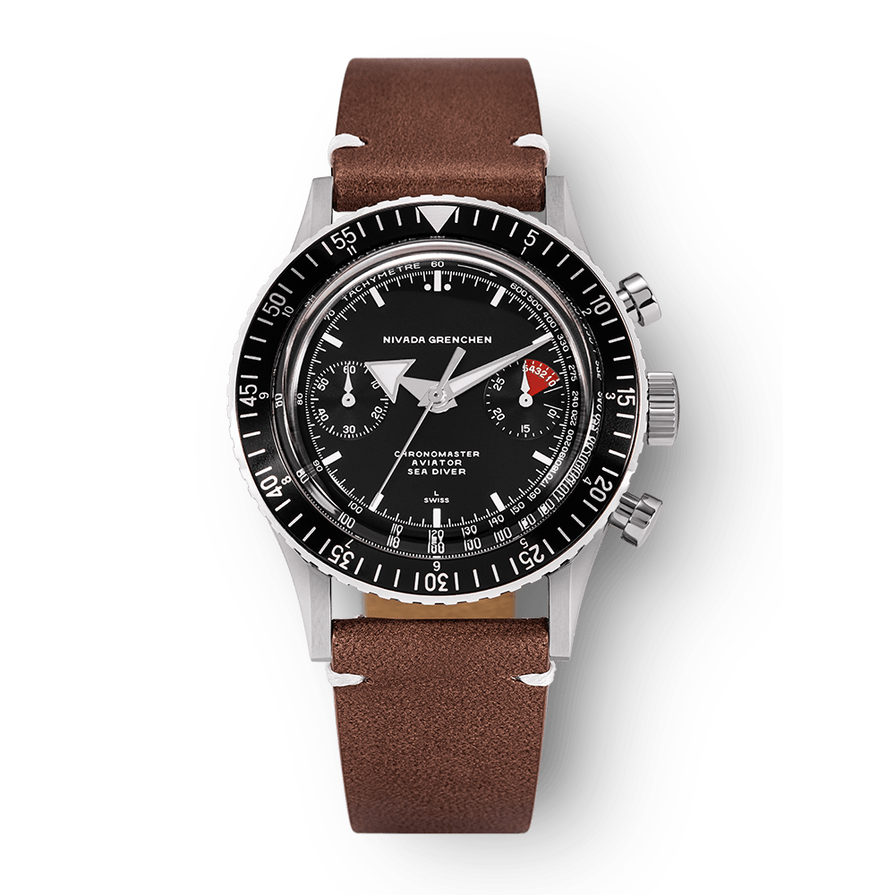 Nivada Grenchen Chronomaster White Broad Arrow Inter.Bezel Manual 38mm 86009WM02LC - Lederarmband Braun