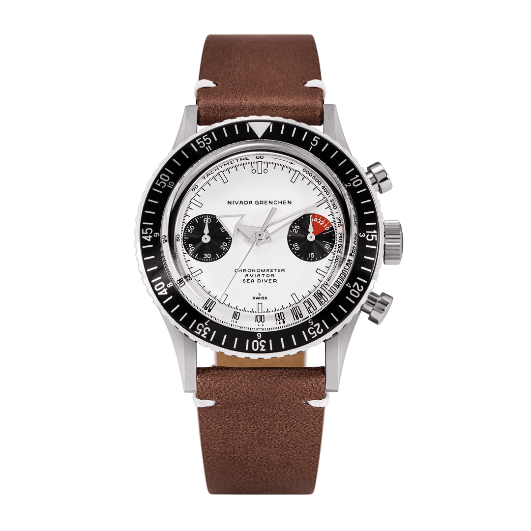 Nivada Grenchen Chronomaster White Panda 38mm 86010WM02LC - Lederarmband Braun weiße Naht