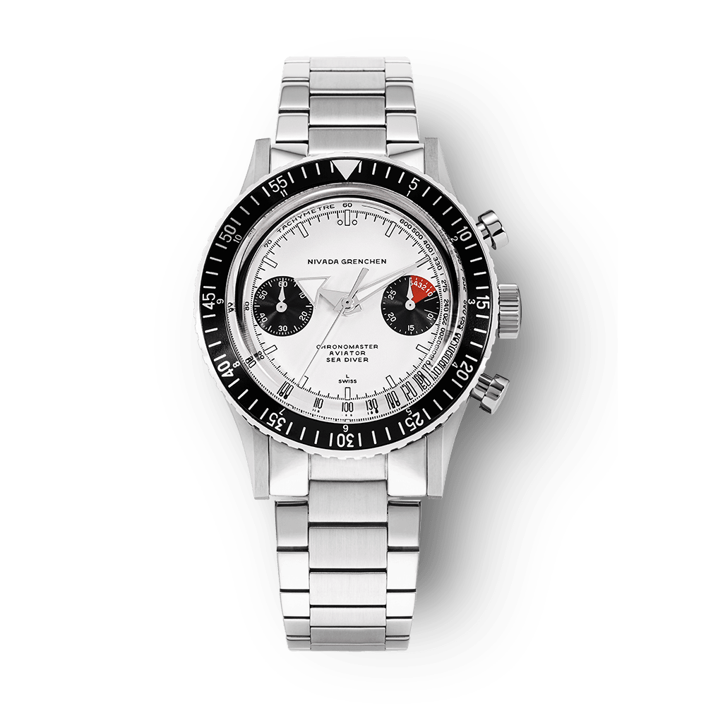 Nivada Grenchen Chronomaster White Panda 38mm 86010WM20LC - Edelstahlarmband Flat Link