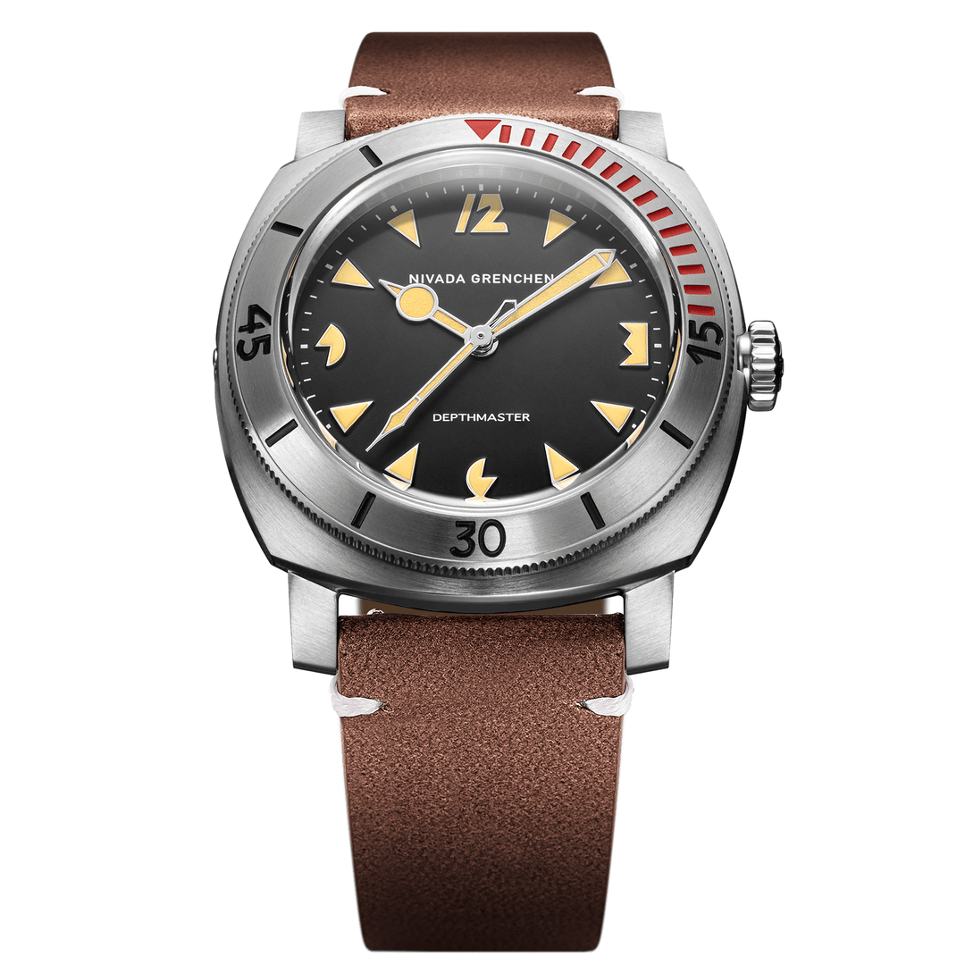 Nivada Grenchen Depthmaster Art Deco 42mm 14200A14 - Lederarmband Braun weiße Naht