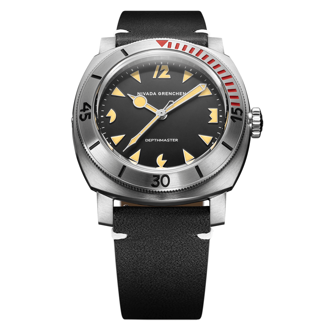 Nivada Grenchen Depthmaster Art Deco 42mm 14200A15 - Lederarmband Schwarz weiße Naht