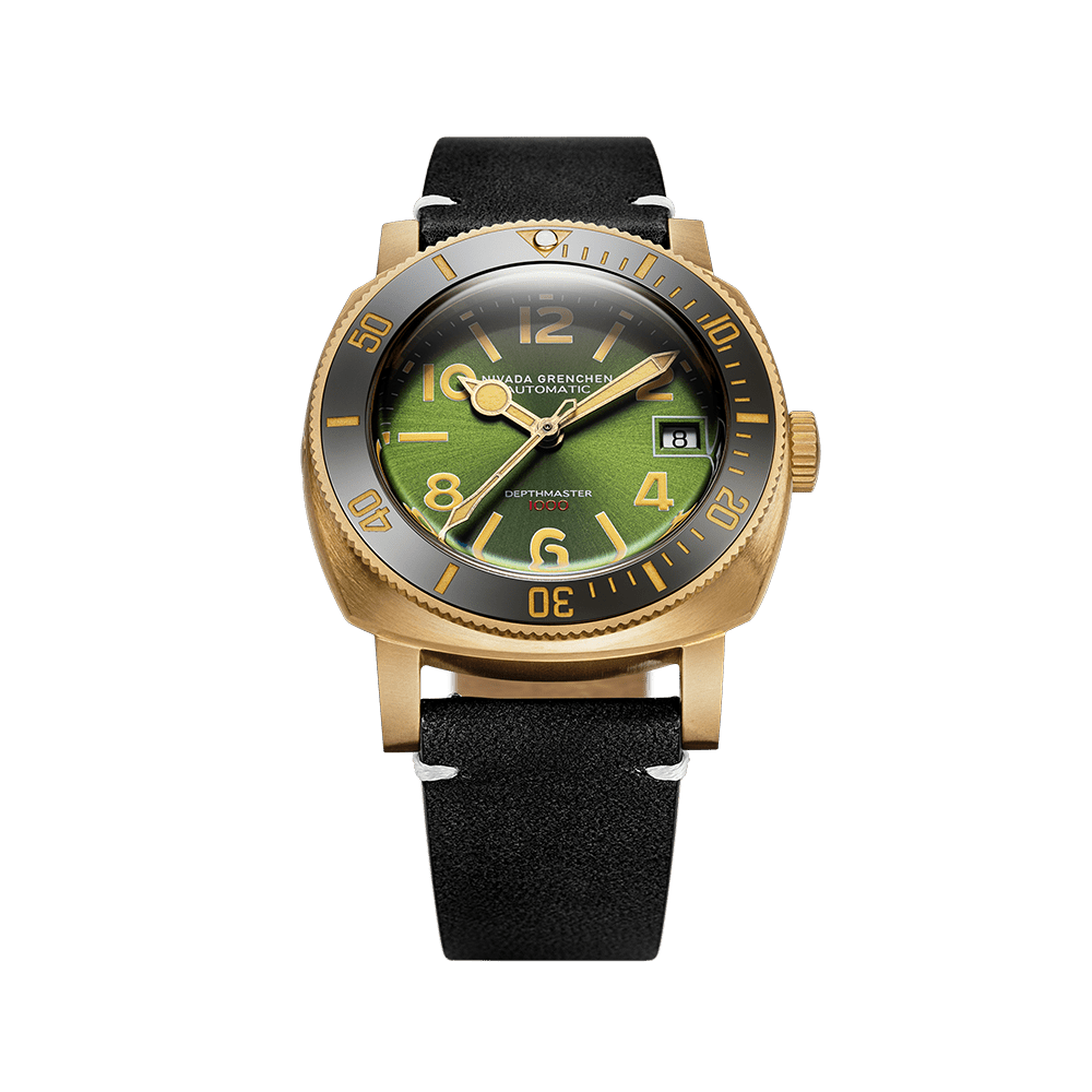 Nivada Grenchen Depthmaster Bronze Green 39mm 14132A15 - Lederarmband Schwarz weiße Naht