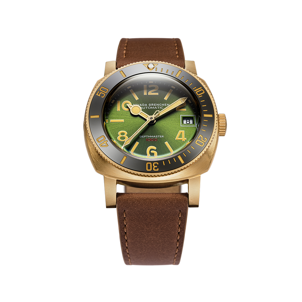 Nivada Grenchen Depthmaster Bronze Green 39mm 14132A16 - Lederarmband Braun