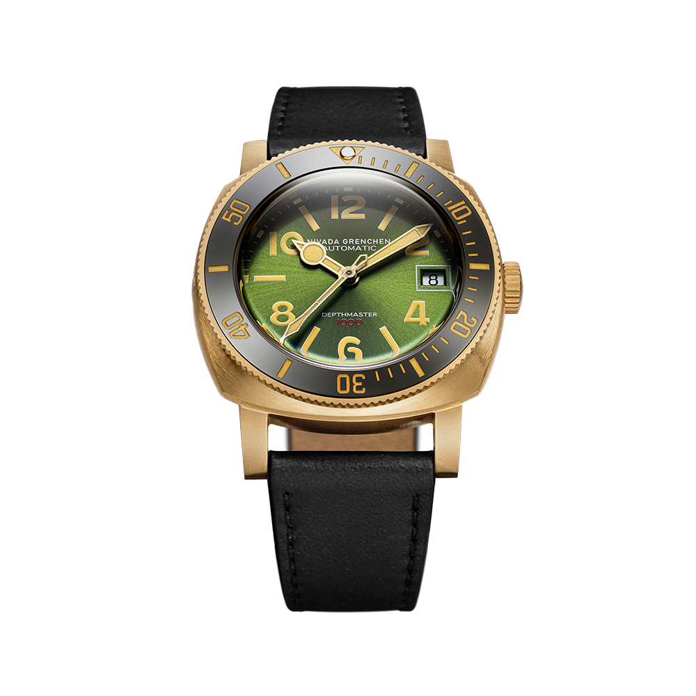 Nivada Grenchen Depthmaster Bronze Green 39mm 14132A17 - Lederarmband Schwarz