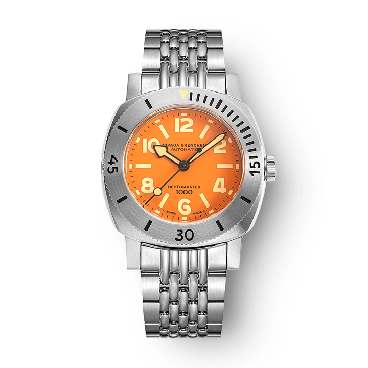 Nivada Grenchen Depthmaster Orange 39mm 14127A04 - Edelstahlarmband Beads of Rice