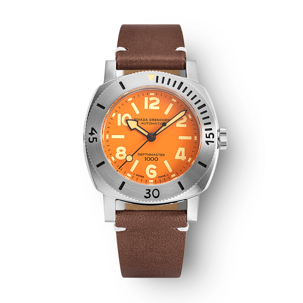 Nivada Grenchen Depthmaster Orange 39mm 14127A14 - Lederarmband Braun weiße Naht