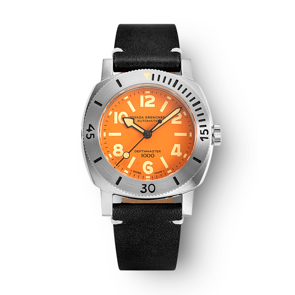 Nivada Grenchen Depthmaster Orange 39mm 14127A15 - Lederarmband Schwarz weiße Naht