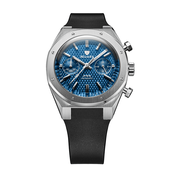 Nivada Grenchen F77 Chrono Mecaquartz Blue 38mm 68000Q77-DR - Kautschukarmband Schwarz