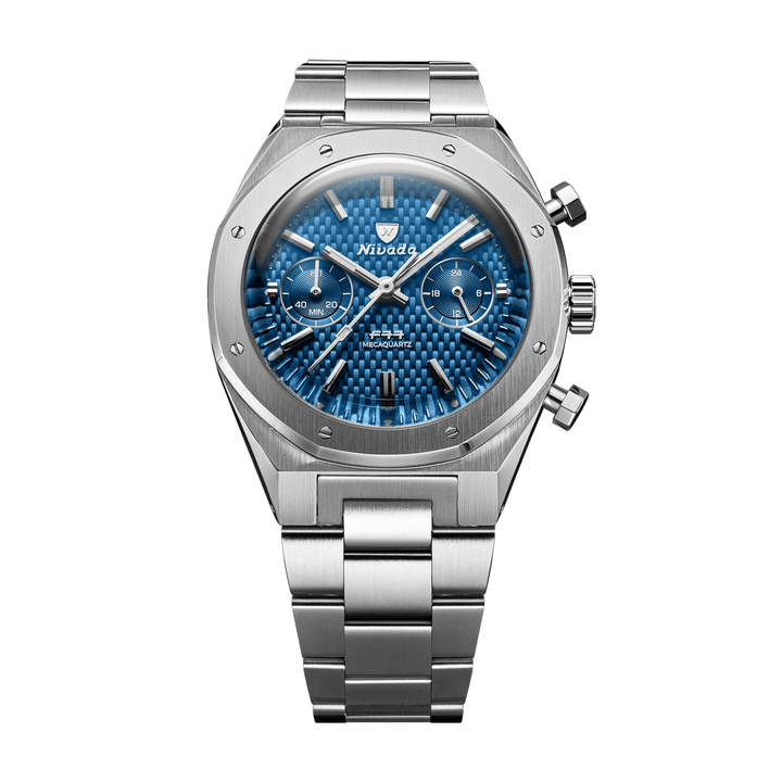 Nivada Grenchen F77 Chrono Mecaquartz Blue 38mm 68000Q77 - Edelstahlarmband