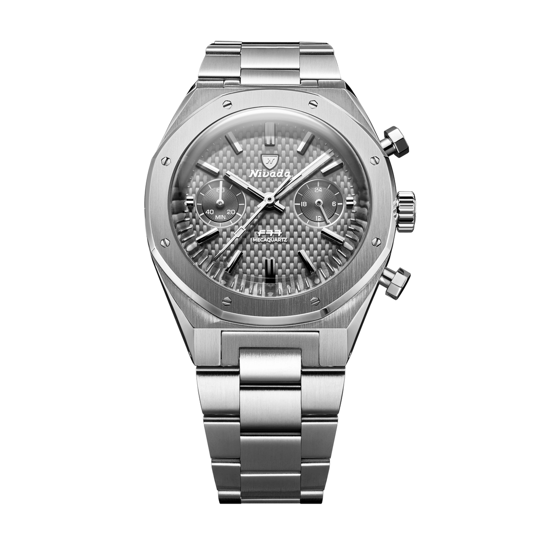 Nivada Grenchen F77 Chrono Mecaquartz Grey 38mm 68001Q77 - Edelstahlarmband