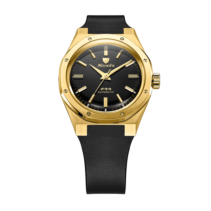 Nivada Grenchen F77 Gold MK2 38mm 68028A77-DR - Kautschukarmband Schwarz