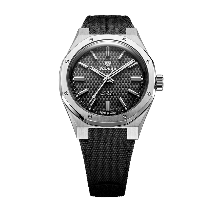 Nivada Grenchen F77 SST Black MK2 White Lume 38mm 68043A77-BC - Textilarmband Klettverschluss Ohne Datum