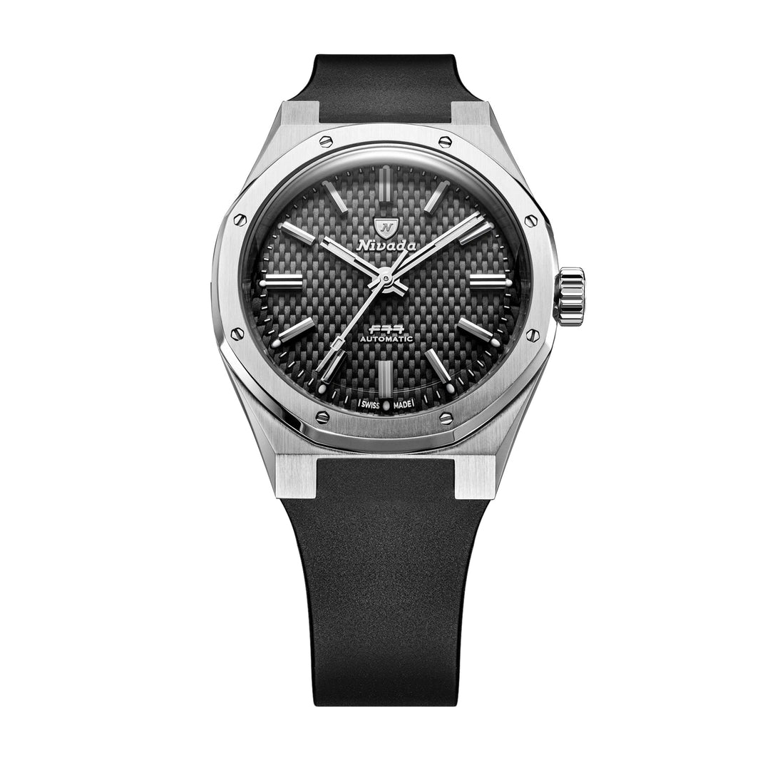 Nivada Grenchen F77 SST Black MK2 White Lume 38mm 68043A77-DR - Kautschukarmband Schwarz Ohne Datum