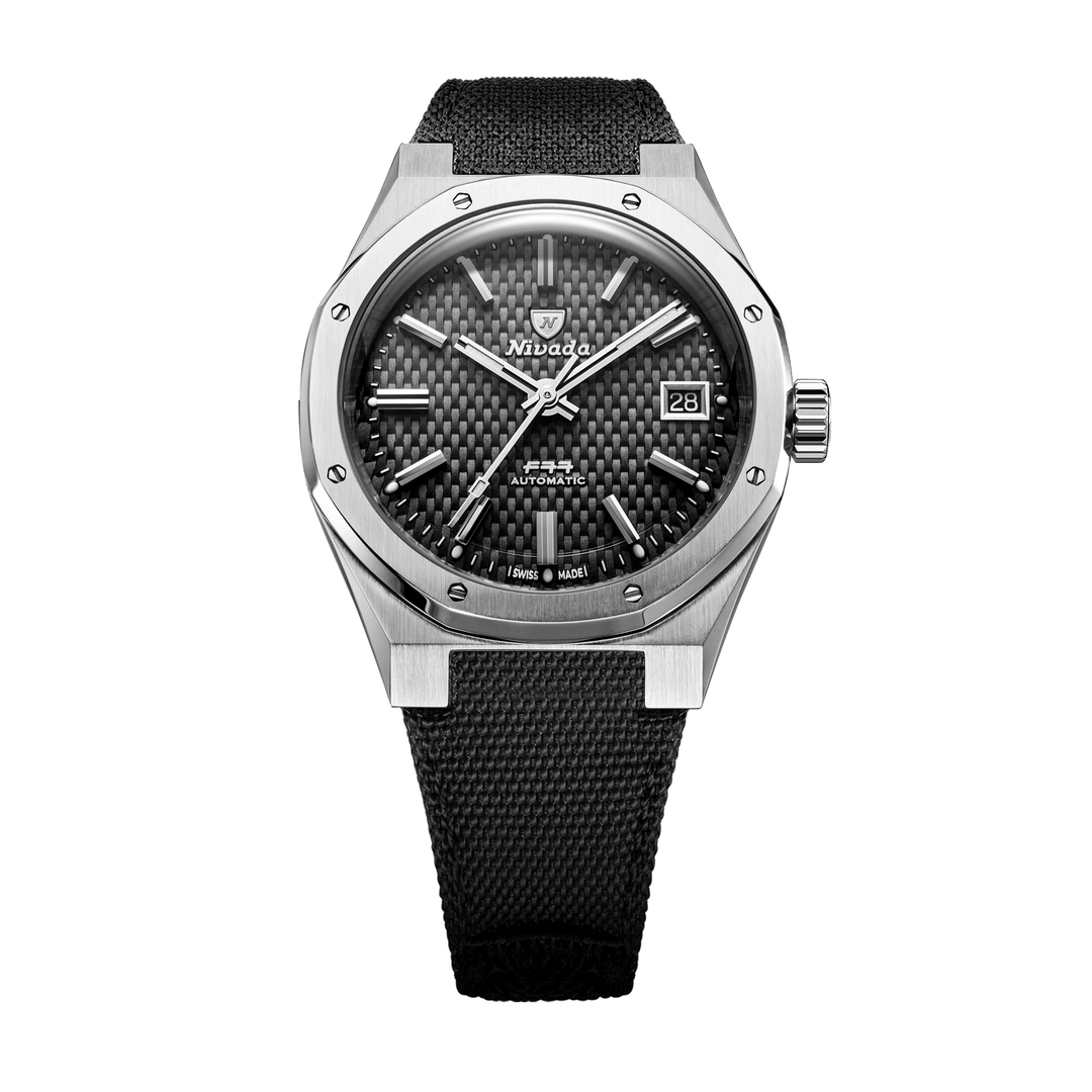Nivada Grenchen F77 SST Black MK2 White Lume 38mm 69011A77-BC - Textilarmband Klettverschluss Mit Datum