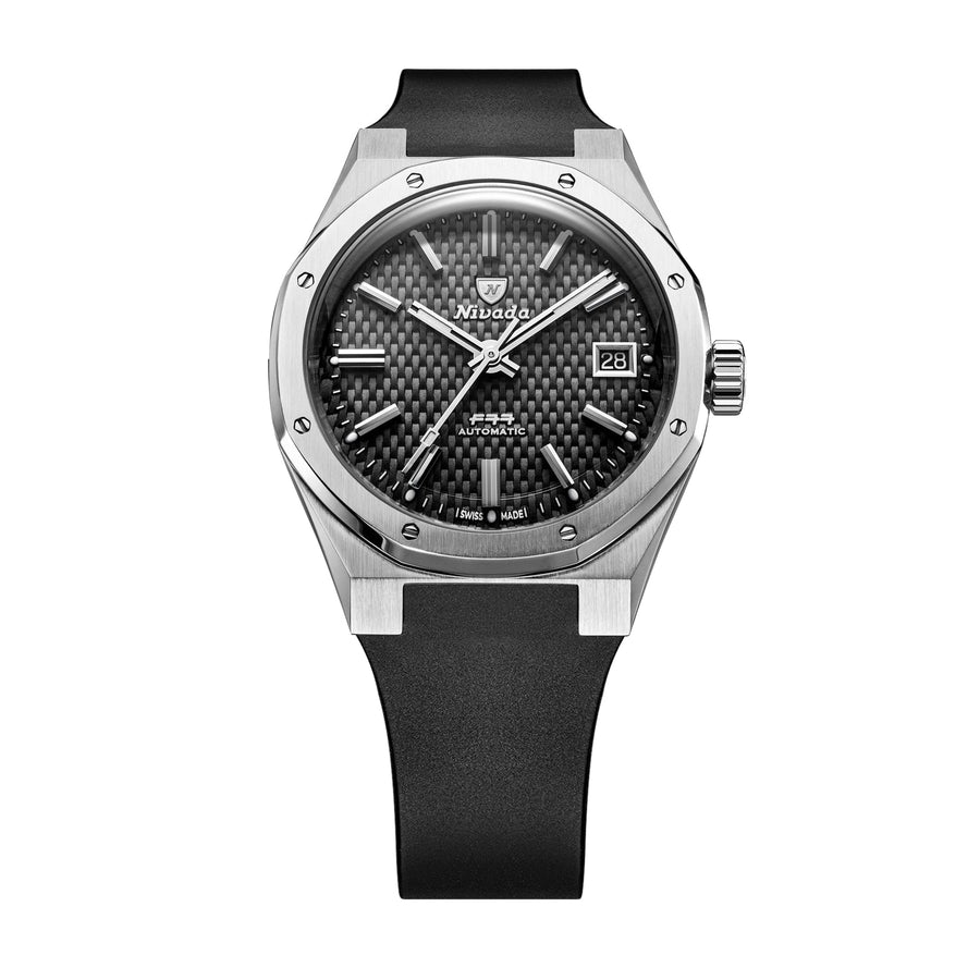 Nivada Grenchen F77 SST Black MK2 White Lume 38mm 69011A77-DR - Kautschukarmband Schwarz Mit Datum