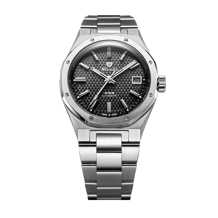 Nivada Grenchen F77 SST Black MK2 White Lume 38mm 69011A77 - Edelstahlarmband Mit Datum