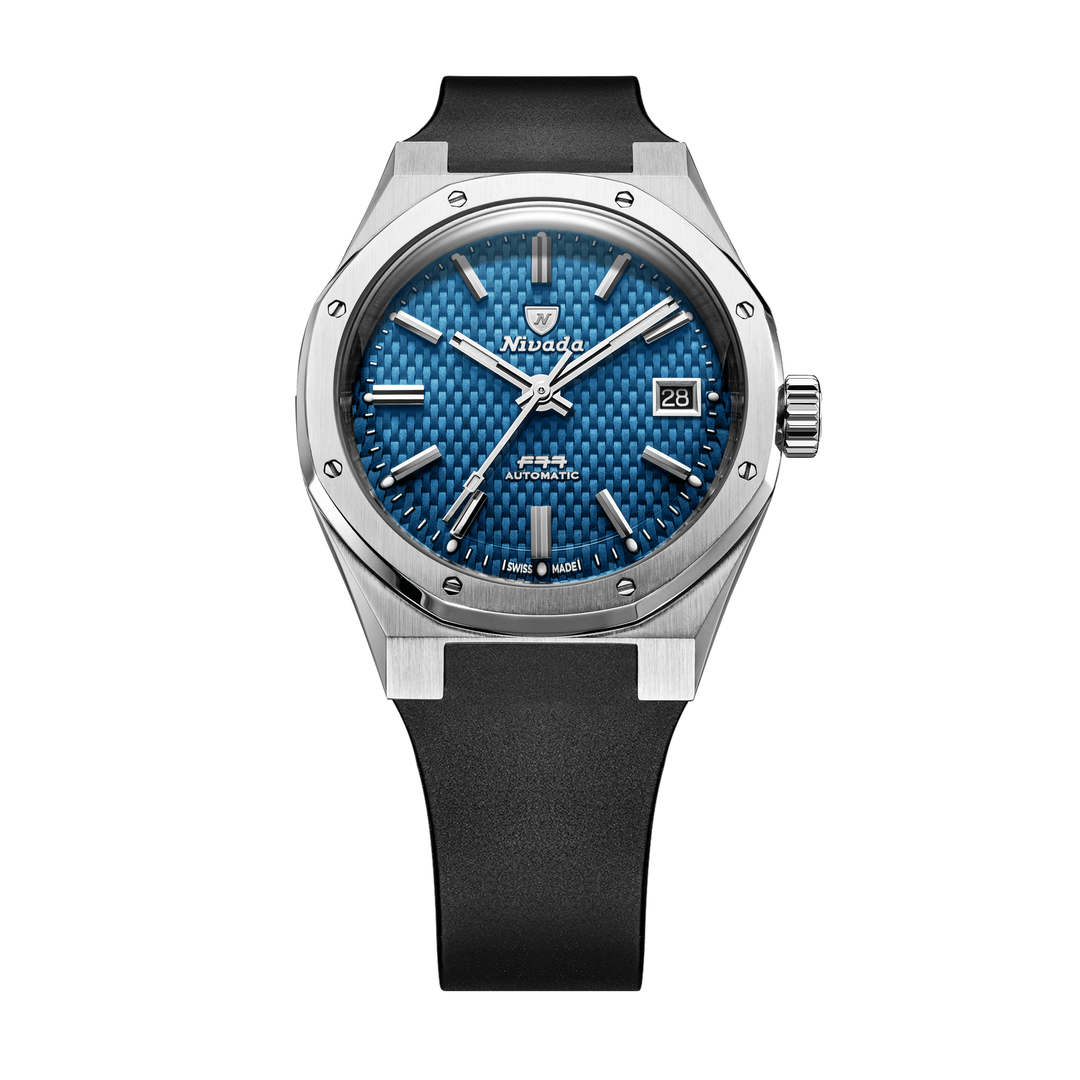 Nivada Grenchen F77 SST Blue MK2 38mm 69013A77-DR - Kautschukarmband Schwarz Mit Datum