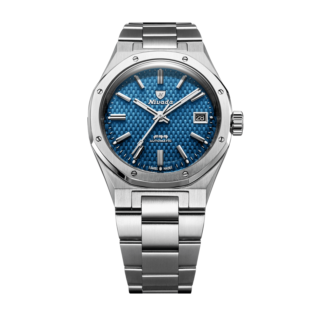 Nivada Grenchen F77 SST Blue MK2 38mm 69013A77 - Edelstahlarmband Mit Datum